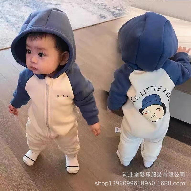 Baby autumn clothes one-piece small maruko raglan sleeves fleece-lined hooded one-piece rompers newborn spring & fall pajamas