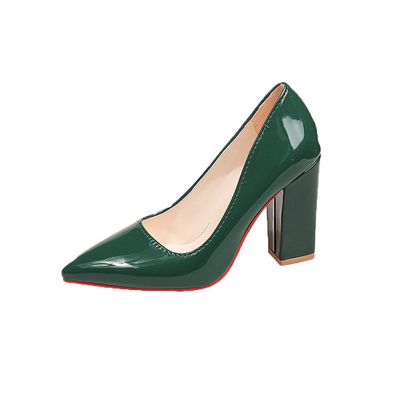 Plus size patent leather party pumps 2026 korean style all-season candy color pointed toe low-cut chunky heel women's single shoes