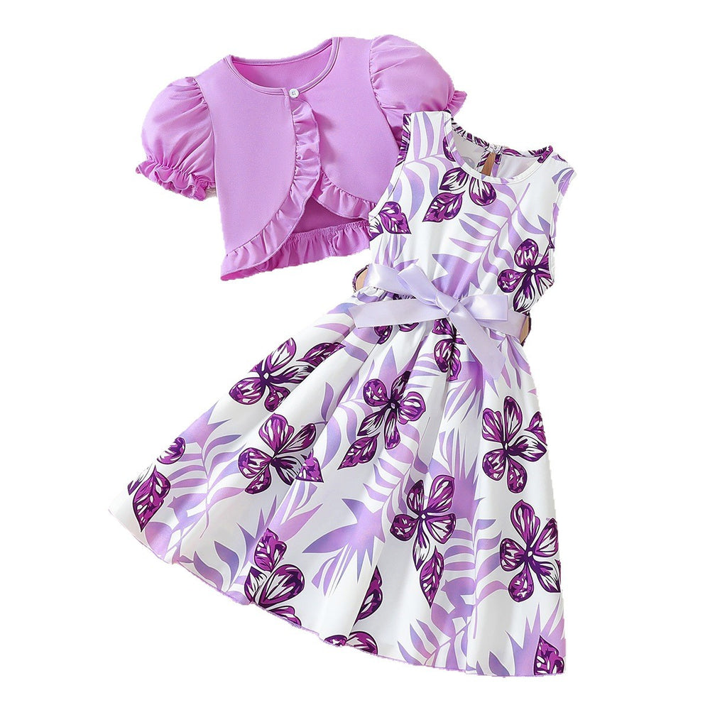 Girls' foreign trade dress set: purple open-front jacket with floral pattern and bow belt - two-piece outfit for children