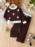 Girls' fall/winter outfit: dark brown knit top with white collar and matching pants - two-piece set for kids