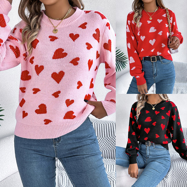 Real shot 2025 autumn and winter casual color contrast love lantern sleeve pullover sweater,   Valentine's Day women's clothing