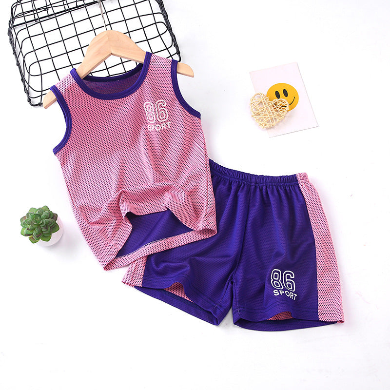 Kids' summer outfit: boys' tank top set, quick-dry athletic mesh, big kids' sleeveless, baby summer two-piece set for girls