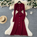 French chic metallic buckle waist dress - women's 2025 autumn slimming elegant hollow-out knit maxi dress