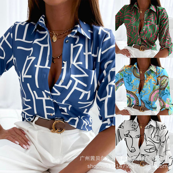 Women's clothing, new 2022 European and American women's clothing autumn clothing, lapel geometric casual shirt