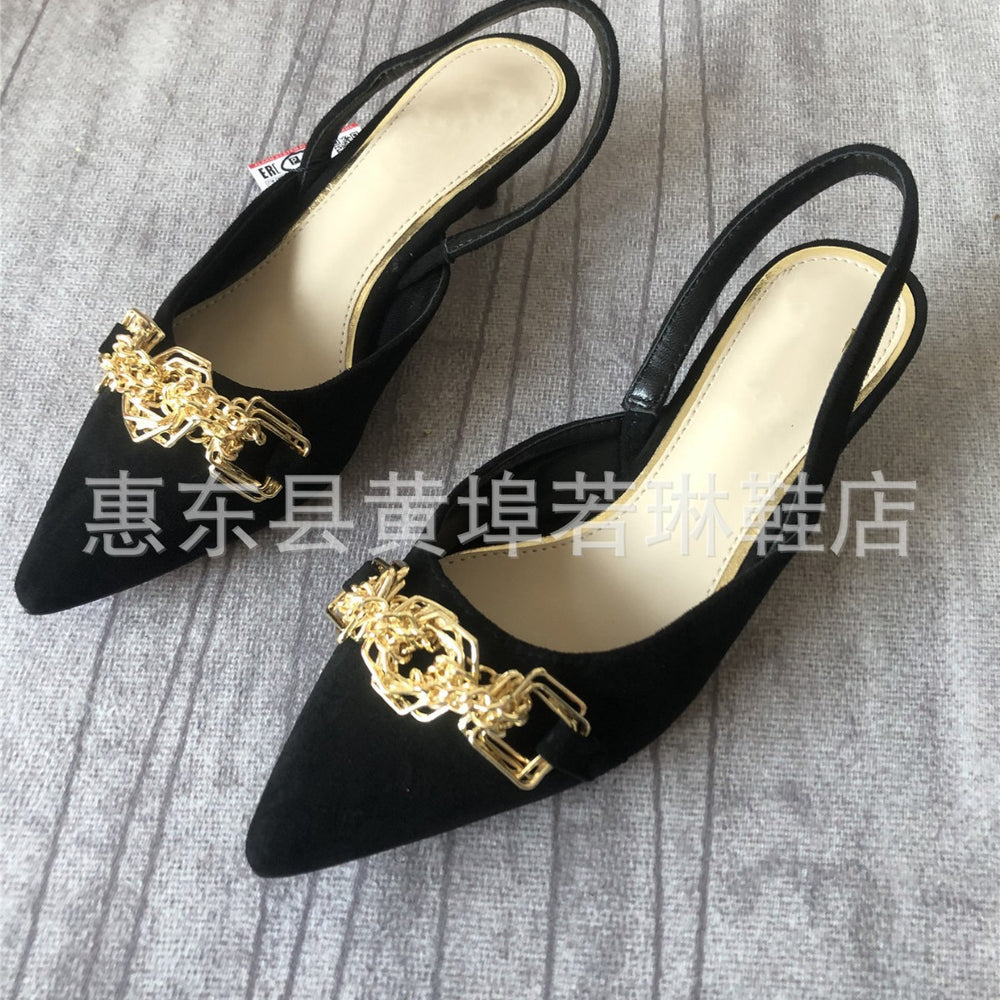 Z's new metallic buckle embellished suede pointed-toe stiletto sandals - stylish plus size women's black pumps