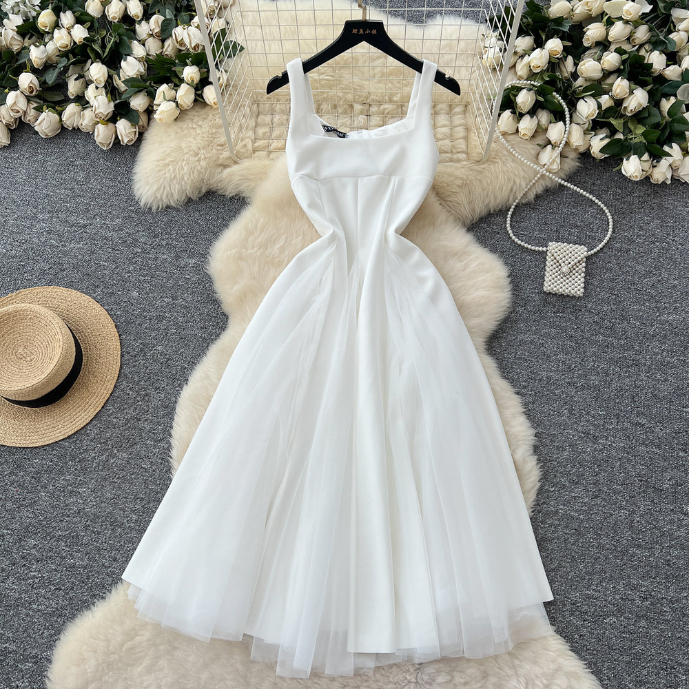 French hepburn style dress women's  summer high-end square neck camisole spliced mesh puffy gown maxi dress