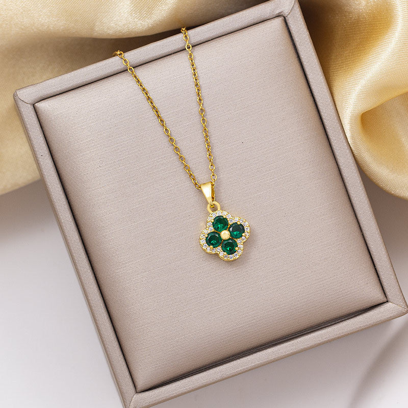 [copper inlaid with zirconium] necklace for women, long four-leaf clover pendant earrings, light luxury high-end titanium steel popular clavicle chain jewelry