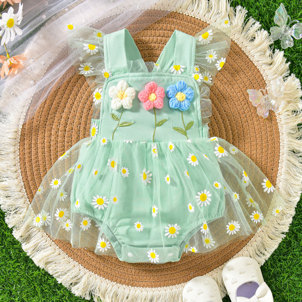 Baby girl party outfit cute suspender three flowers patchwork mesh one-piece dress