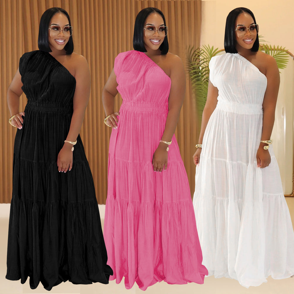 C7389 cross-border   fashion women's elegant off-the-shoulder lightweight summer dress