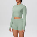 High-waisted, butt-lifting, form-fitting athletic shorts with a zip-up outer layer – a barely-there, casual running and fitness outfit set, perfect for yoga