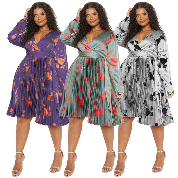 N7957  simple wind floral dress women's wholesale autumn, sexy deep v-neck pleated temperament skirt women