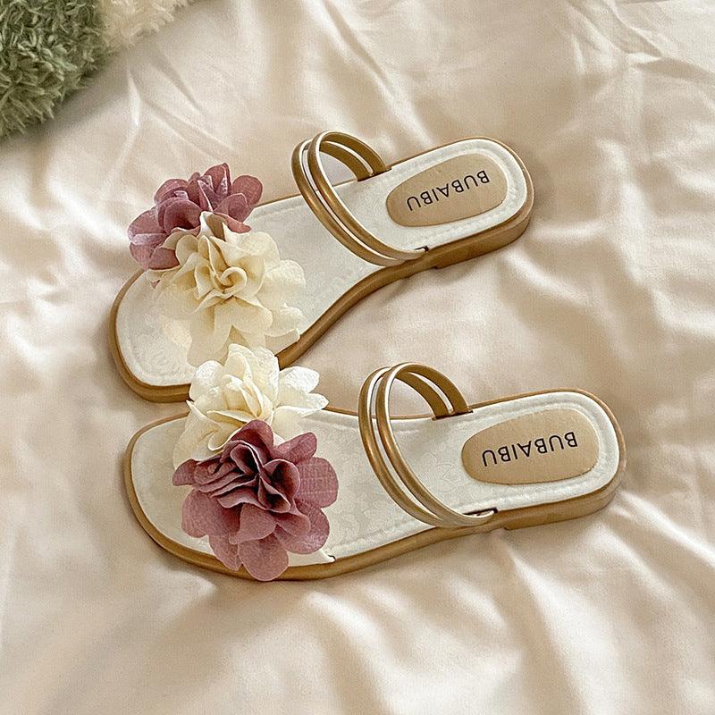 New summer fairy slippers women's summer outwear fashion two-color flower flats one-line sandals women's two-wear sandals