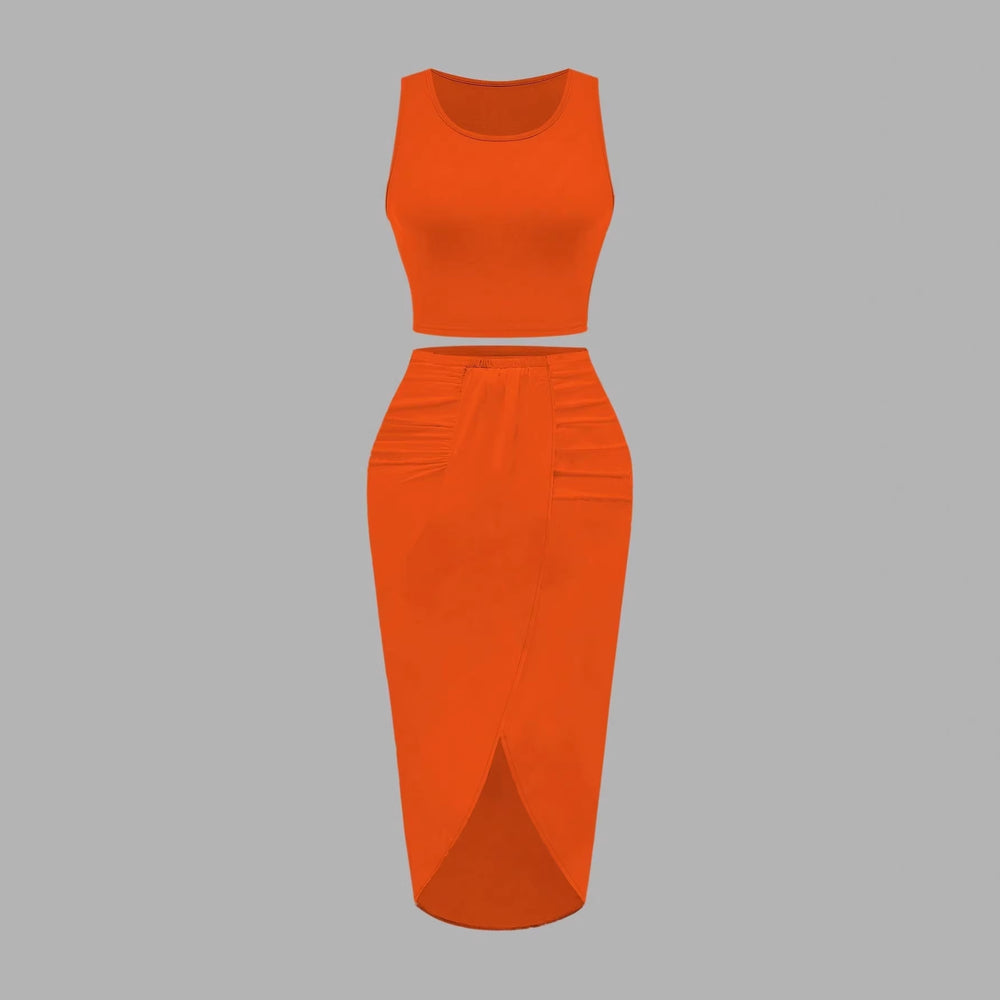 Amazon fashion cross-border women's sleeveless short tops + slit skirt two-piece suit