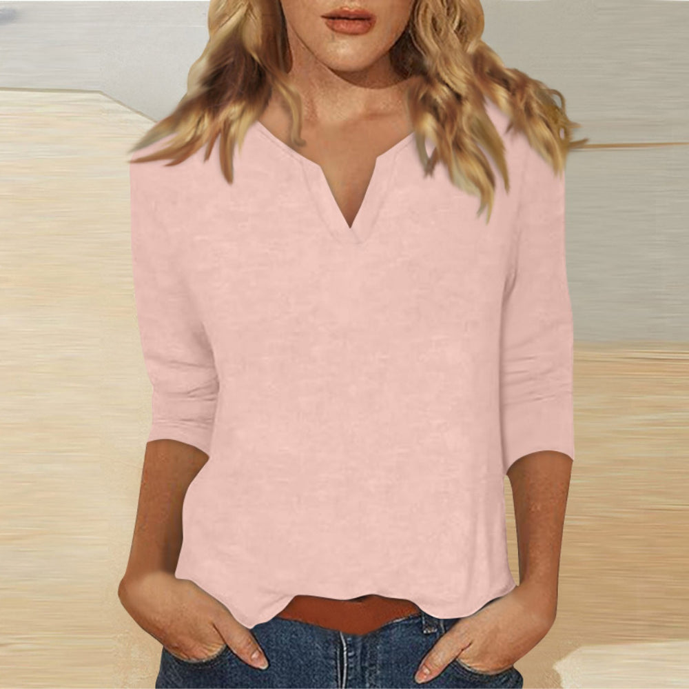 cross-border women's v-neck 3/4 sleeve solid color t-shirt top