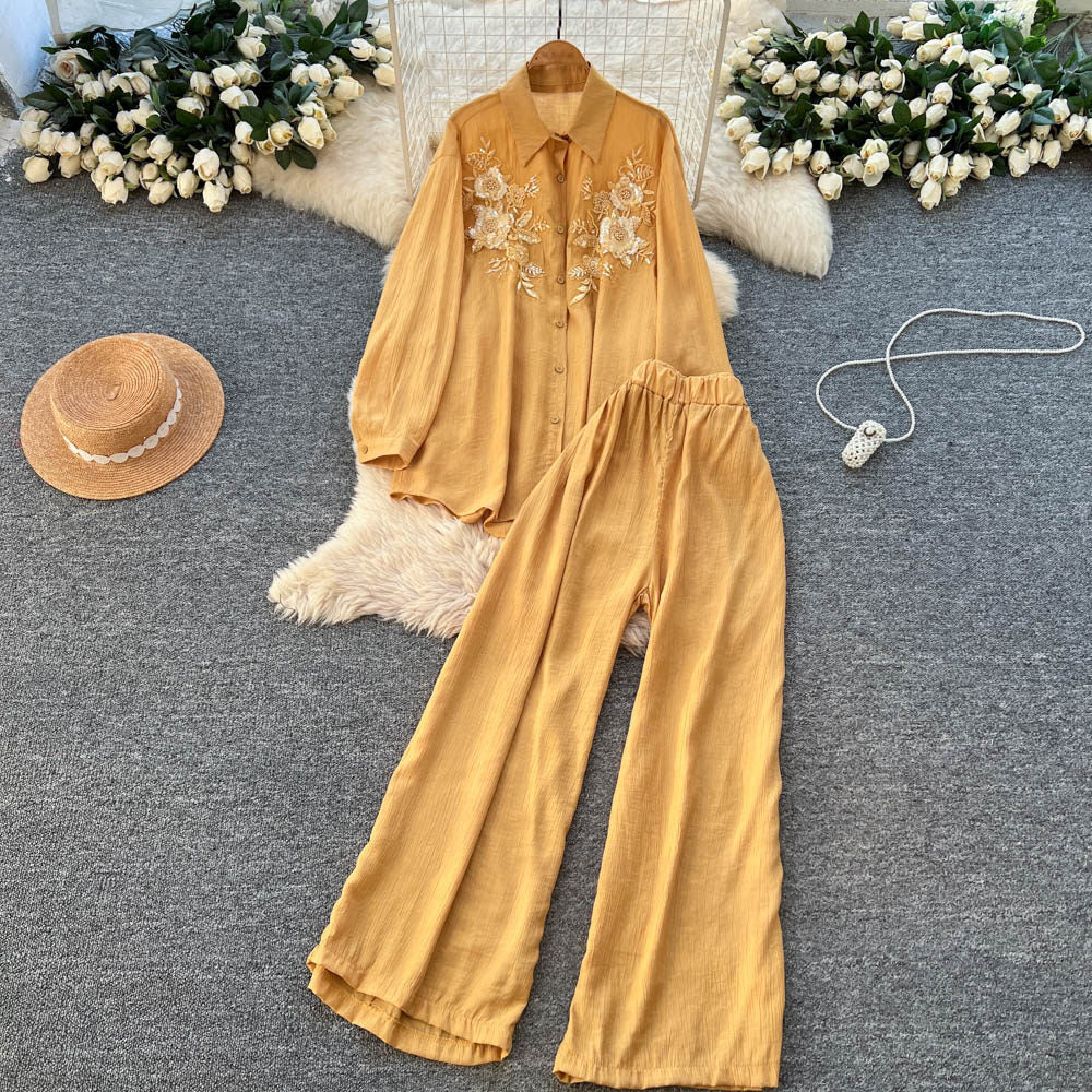 Light mature style heavy industry embroider red work clothingtwo-piece set female autumlooseslimming looklong sleevesshirtloose pantssuit