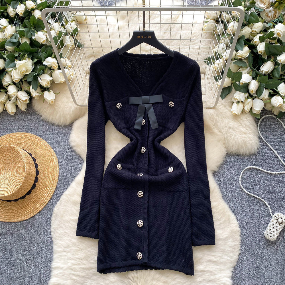 Chic chanel-inspired, high-end, bow-adorned v-neck, metal-buckle cinched-waist, long-sleeved knit dress for women – a french-style mini dress