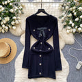 Chic chanel-inspired, high-end, bow-adorned v-neck, metal-buckle cinched-waist, long-sleeved knit dress for women – a french-style mini dress