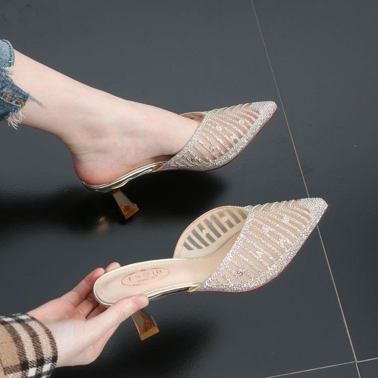 Baotou sandals for women 2021new arrival mesh pointed toe stiletto heel popular slippers high heel outweark-style half slippers for women summer