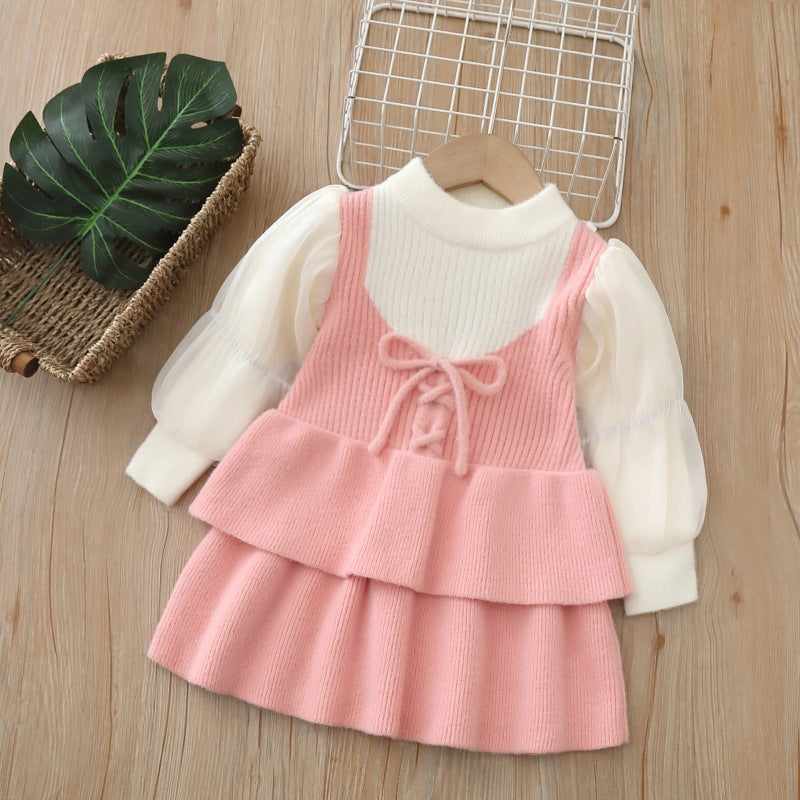 Girls' knitted sweater dress with bow detail, chanel-inspired bubble sleeves, autumn/winter  new collection