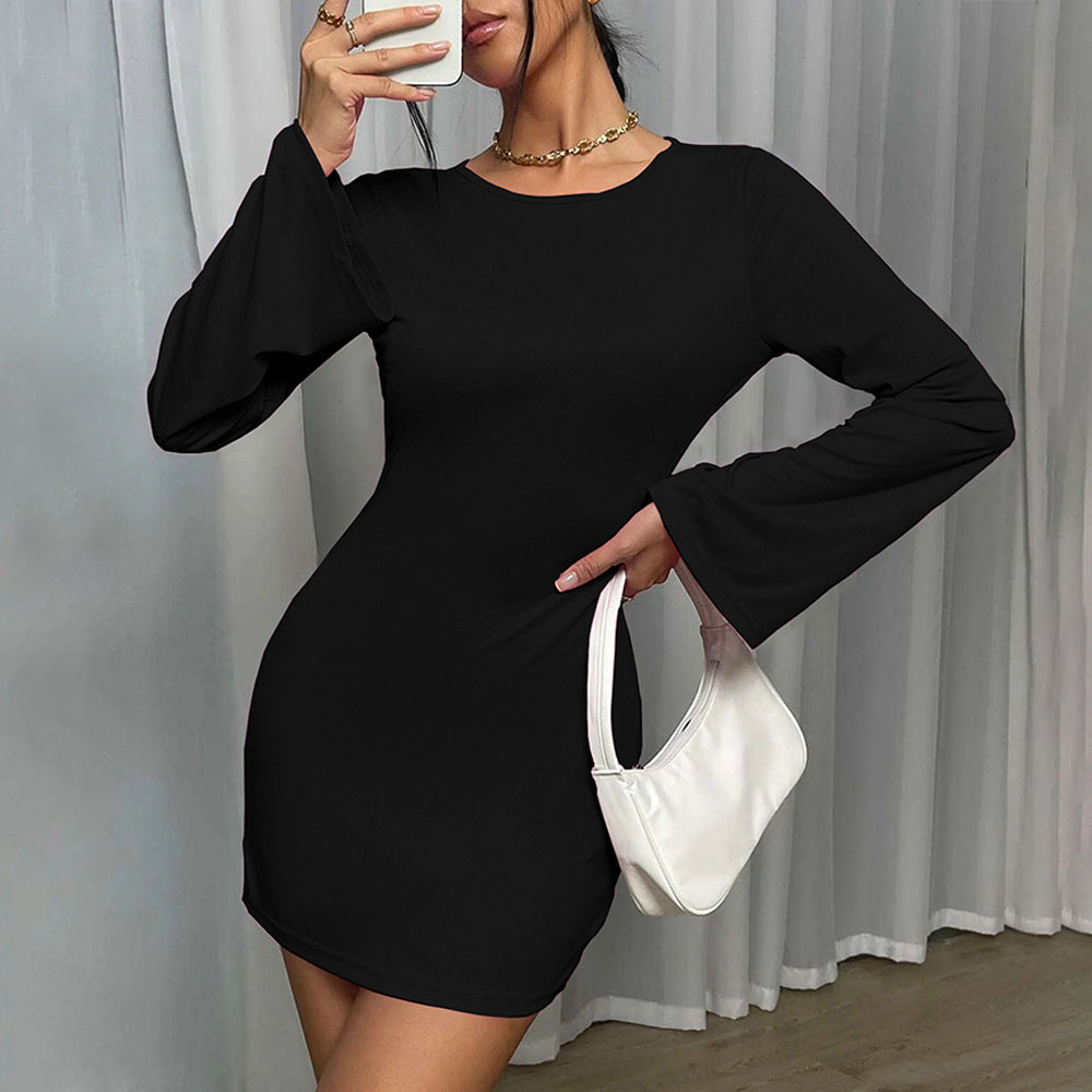 Cross-border 2024 European and American women's clothing new sexy backless round neck pullover horn sleeve hip skirt long sleeve dress