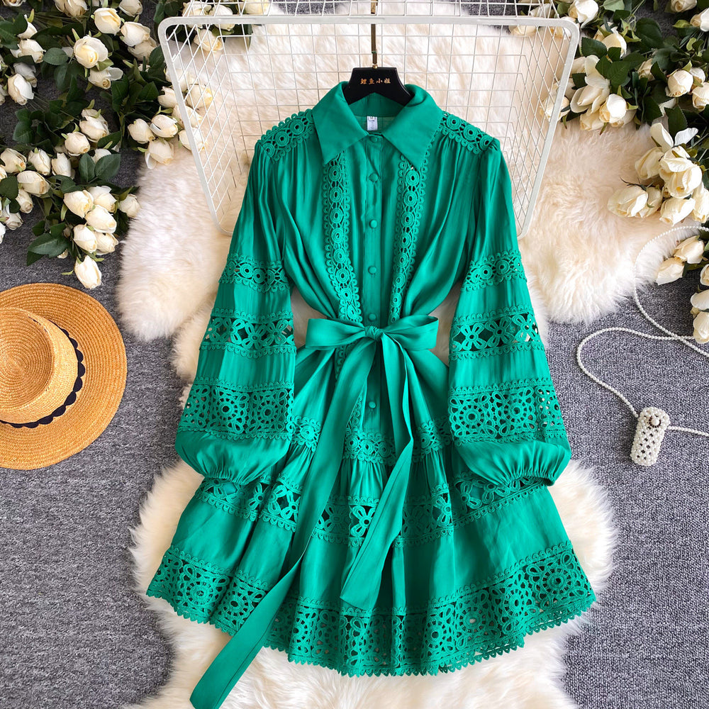 French court style lace embroidered hollow-out dress - women's spring long sleeve turn-down collar tie-waist a-line slimming dress