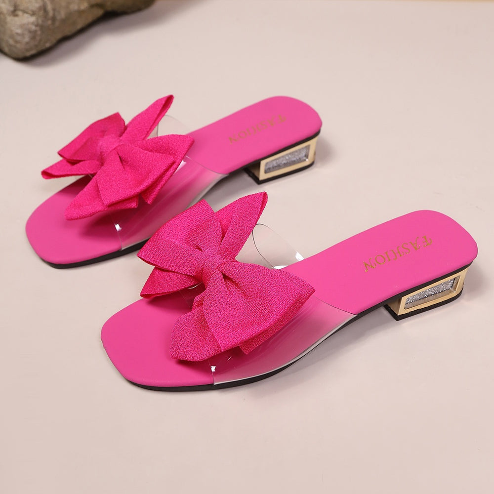 Square toe new arrival sandals and slippers for women with cross bows and metal buckles on thick heels and low export overseas wholesale