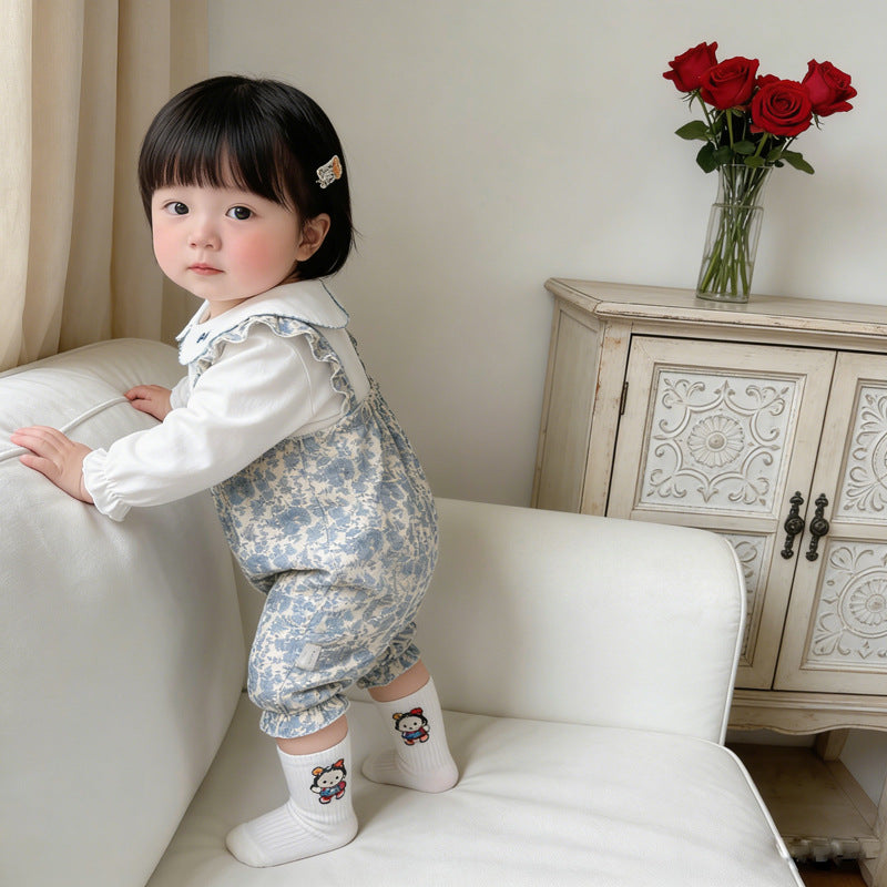 spring/autumn newborn baby girl romper - floral print bodysuit, faux two-piece, korean style long sleeve spring collection
