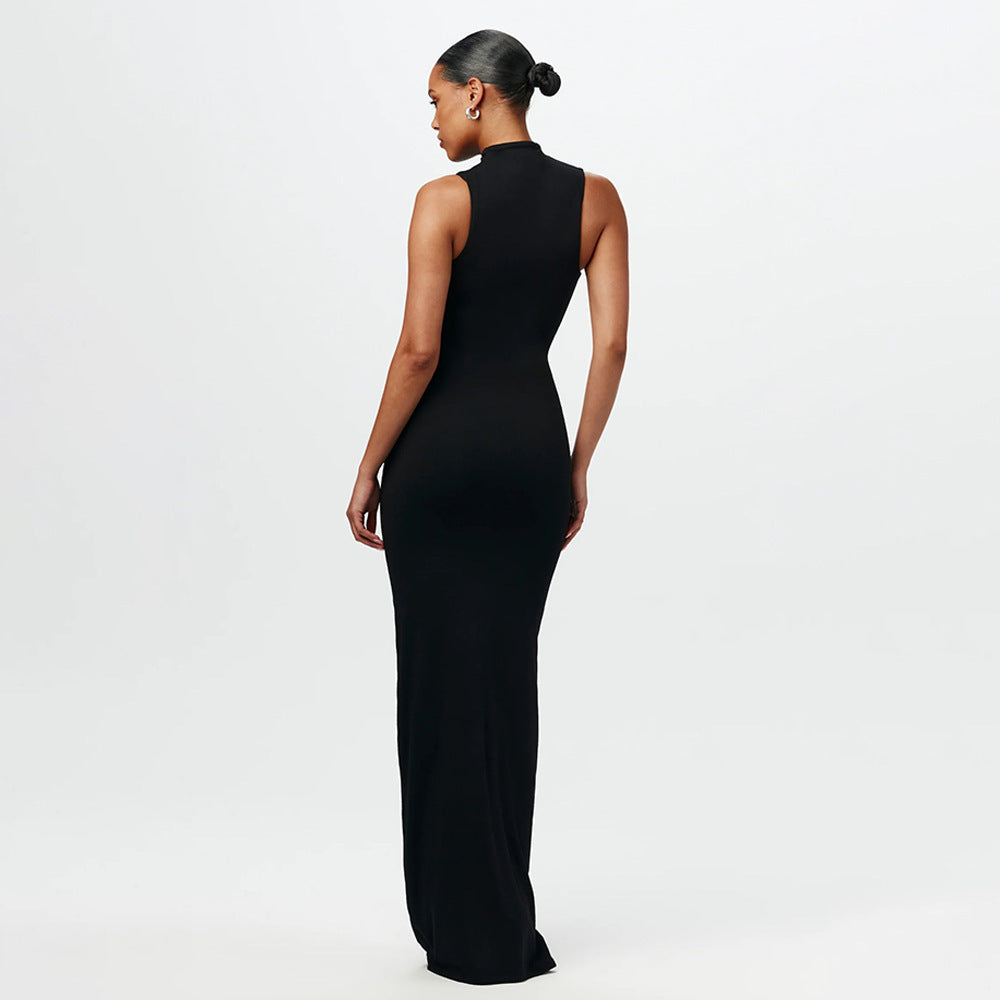 summer new european and american cross-border women's fashion solid color round neck sleeveless tie-up bodycon mini dress