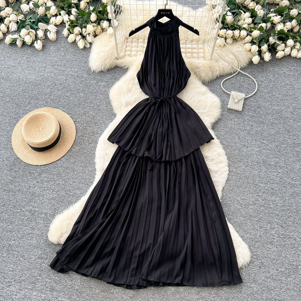 Pure desire style red halter strap pleated dress women's summer k-style waist slimming look cake skirt vacation style long skirt