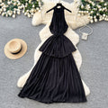 Pure desire style red halter strap pleated dress women's summer k-style waist slimming look cake skirt vacation style long skirt