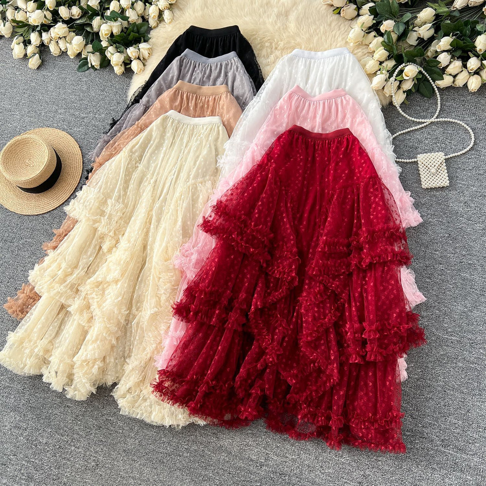 Ethereal midi skirt -  early spring new arrival: soft & elegant, slimming, heart-shaped mesh, asymmetrical flared skirt
