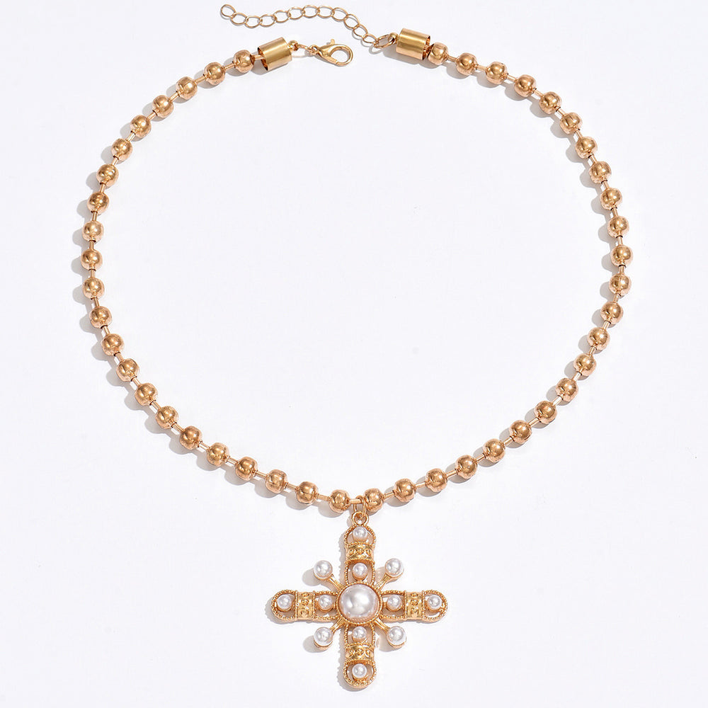 Imitation pearl cross necklace wholesale european and american cross-border pendant niche eight-pointed star retro beaded chain clavicle chain