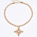 Imitation pearl cross necklace wholesale european and american cross-border pendant niche eight-pointed star retro beaded chain clavicle chain