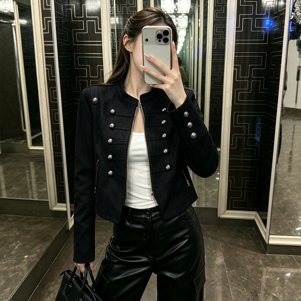 cross-border fashionexportretroelegant double breasted design stand collar zipper short napoleon outwear