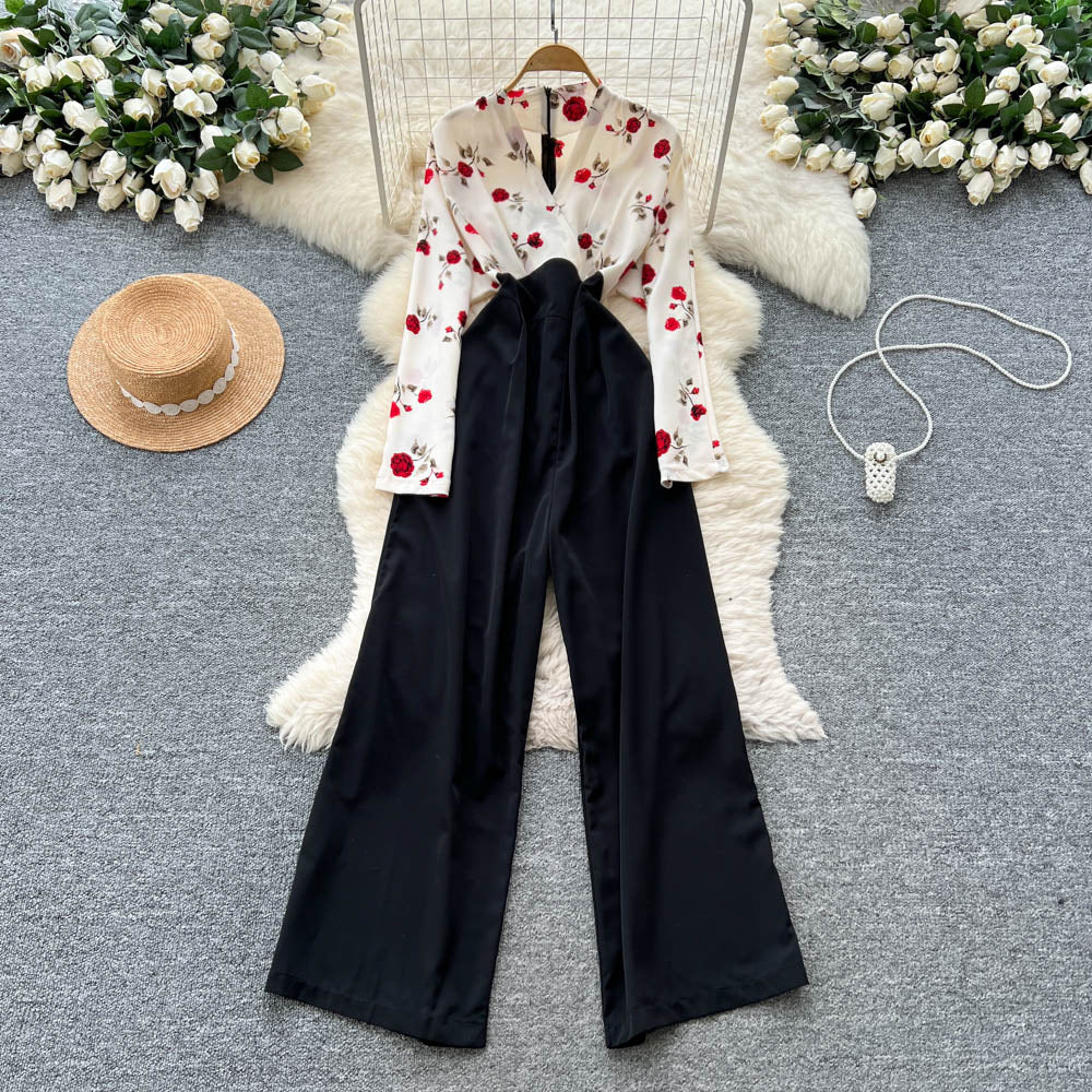 Autumn wear light mature style royal sister style classy sense v necklong sleevesprintingpatchworkhigh waistslimming lookcasualloose pants jumpsuit