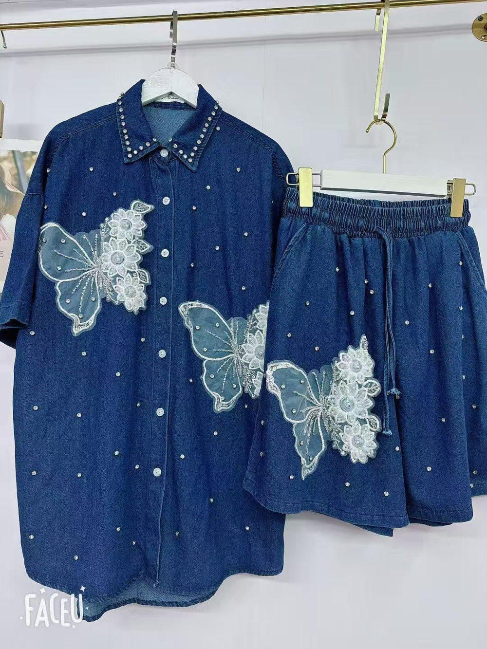 new european style heavy-duty denim set for women: designer cardigan and shorts, unique, fashionable, and relaxed fit two-piece outfit