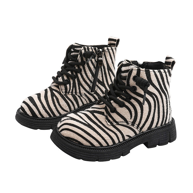 Vancahao thick soleboots women's fall and winter new arrival leopard print motorcycle boots fleece-lined short boots retro slimming look european and american boots