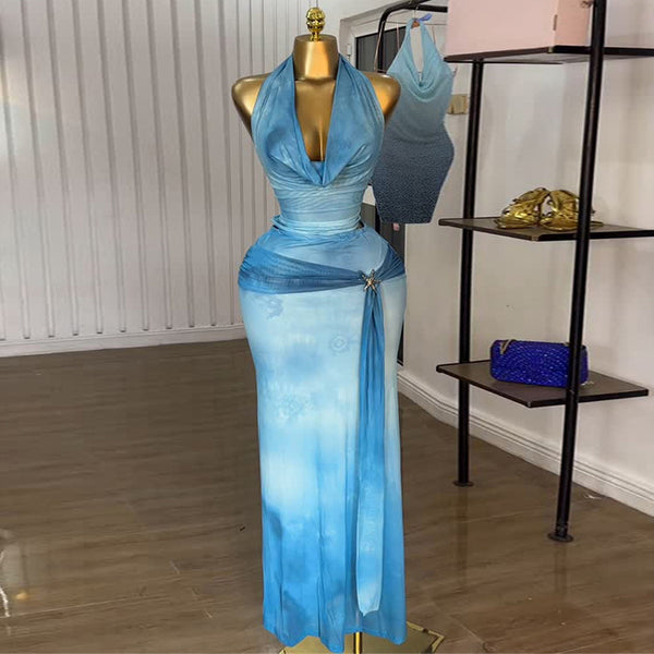 European and American  women's clothing 2025 summer new neck printing slim sleeveless top high waist skirt set