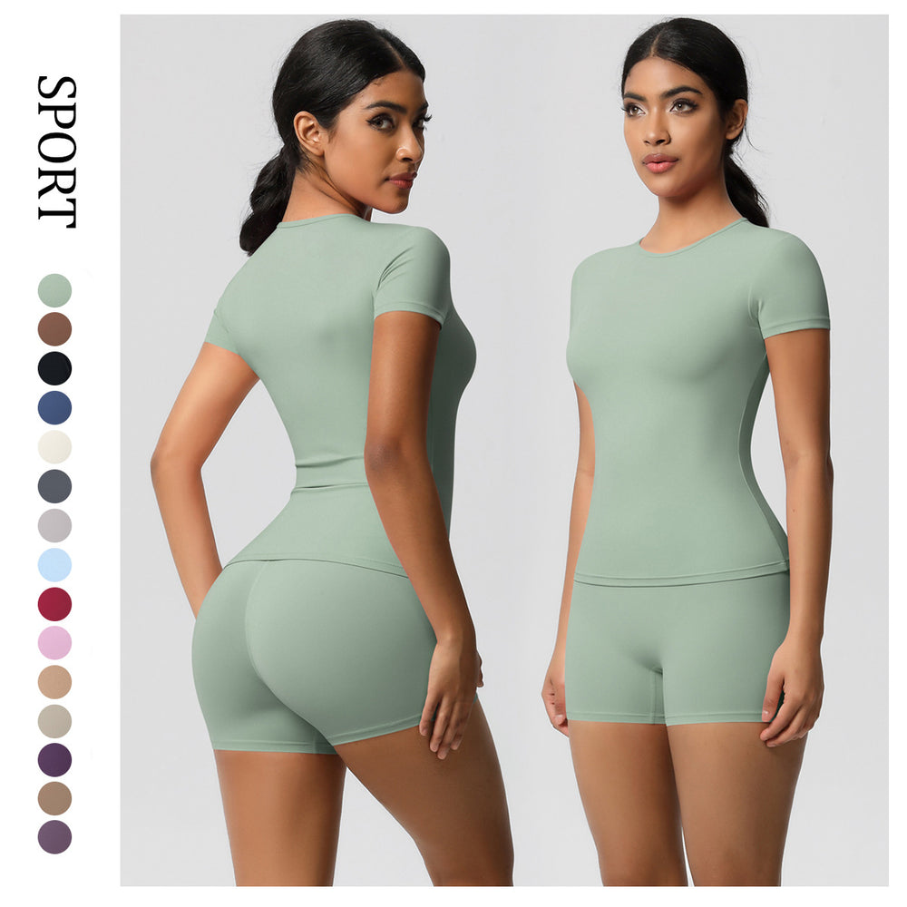 European and american nude feel tight-fitting short-sleeve t-shirt yoga outfit high-waisted butt-lifting quick-dry shorts running sports fitness set for women