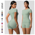European and american nude feel tight-fitting short-sleeve t-shirt yoga outfit high-waisted butt-lifting quick-dry shorts running sports fitness set for women