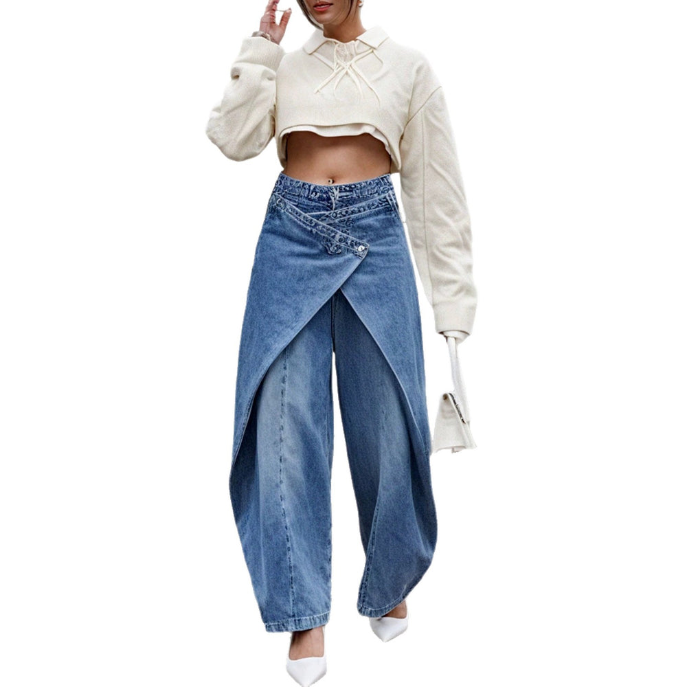 Fashionjeans women's high waist cross wrap fake two-piece culottes exportniche stylesense of design wide leg denim pants