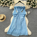 new european and american fashion heavy-duty 3d floral see-through mesh panel long sleeve cinched waist pleated dress for women