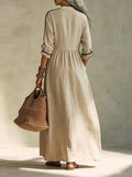Exportnew arrivalshirt long skirt contrast color trim stand collar half placket three-quarter sleeves flap pocket pants cotton and linen women's dress