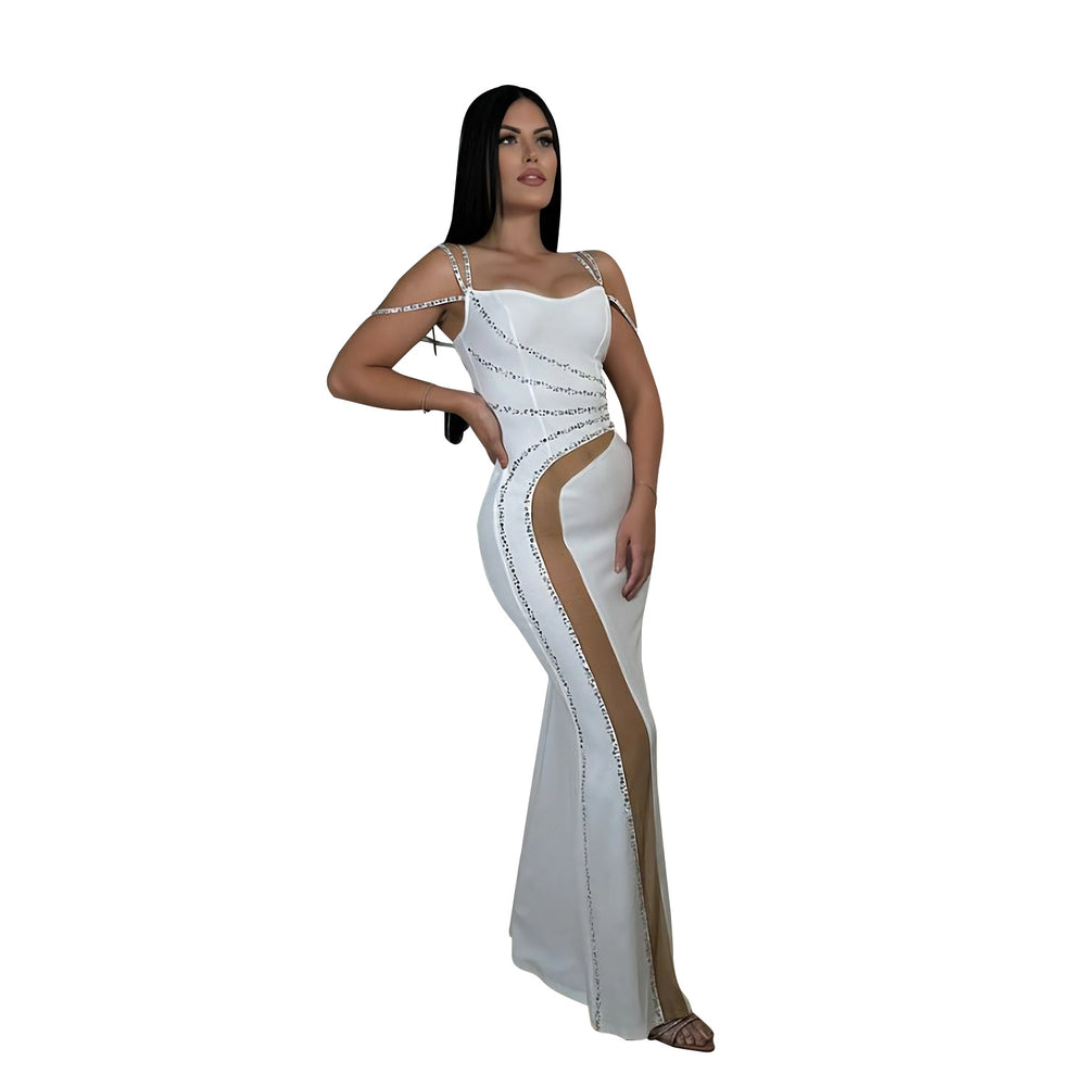 C7027 cross-border   independent station fashion women's hot diamond solid color mesh dress new
