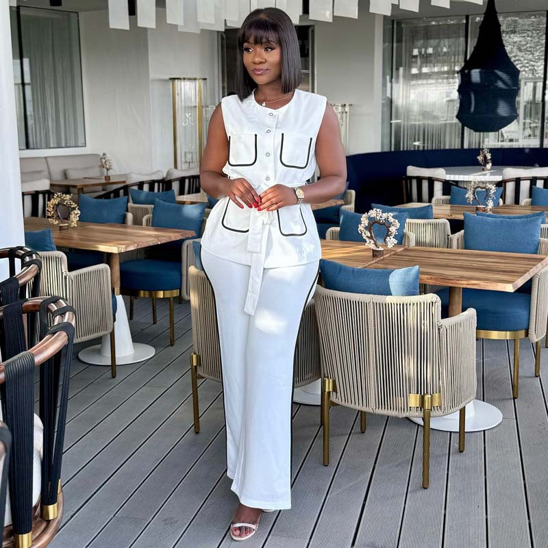 European and American contrasting color pocket set temperament elegant high-end straps cardigan vest trousers African women's two-piece set women's