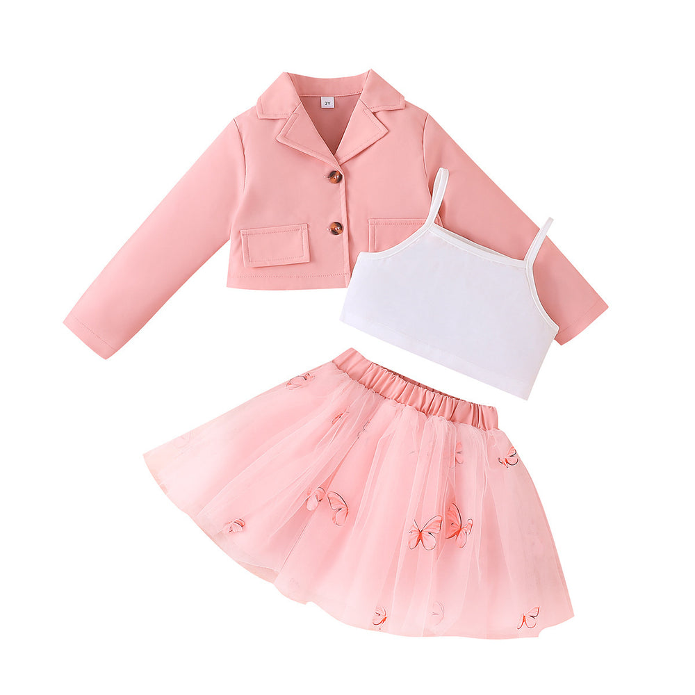 new girls' long-sleeve jacket + vest + skirt three-piece set - spring/autumn mesh skirt outfit for little girls