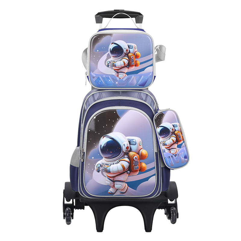 New 3d leather elementary school nylon fabric three-piece set kids' trolley backpack foreign trade lunch bag factory in stock