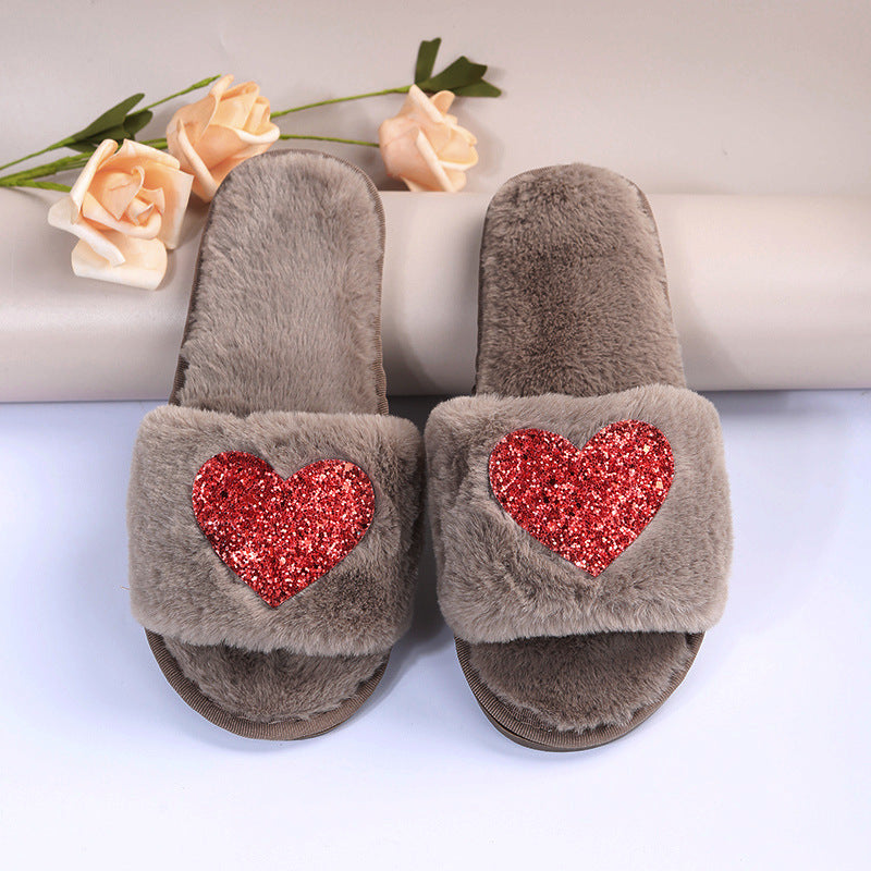 2024new arrival women's plus size fur slippers autumn winter one-piece flat heel open toe popularfashionheattech heart-shaped slippers