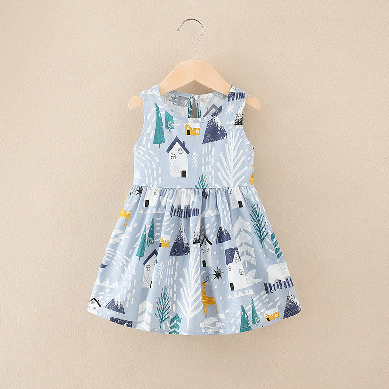 all-cotton a-line dress for girls, spring/summer sleeveless cartoon print princess dress for toddlers and young children