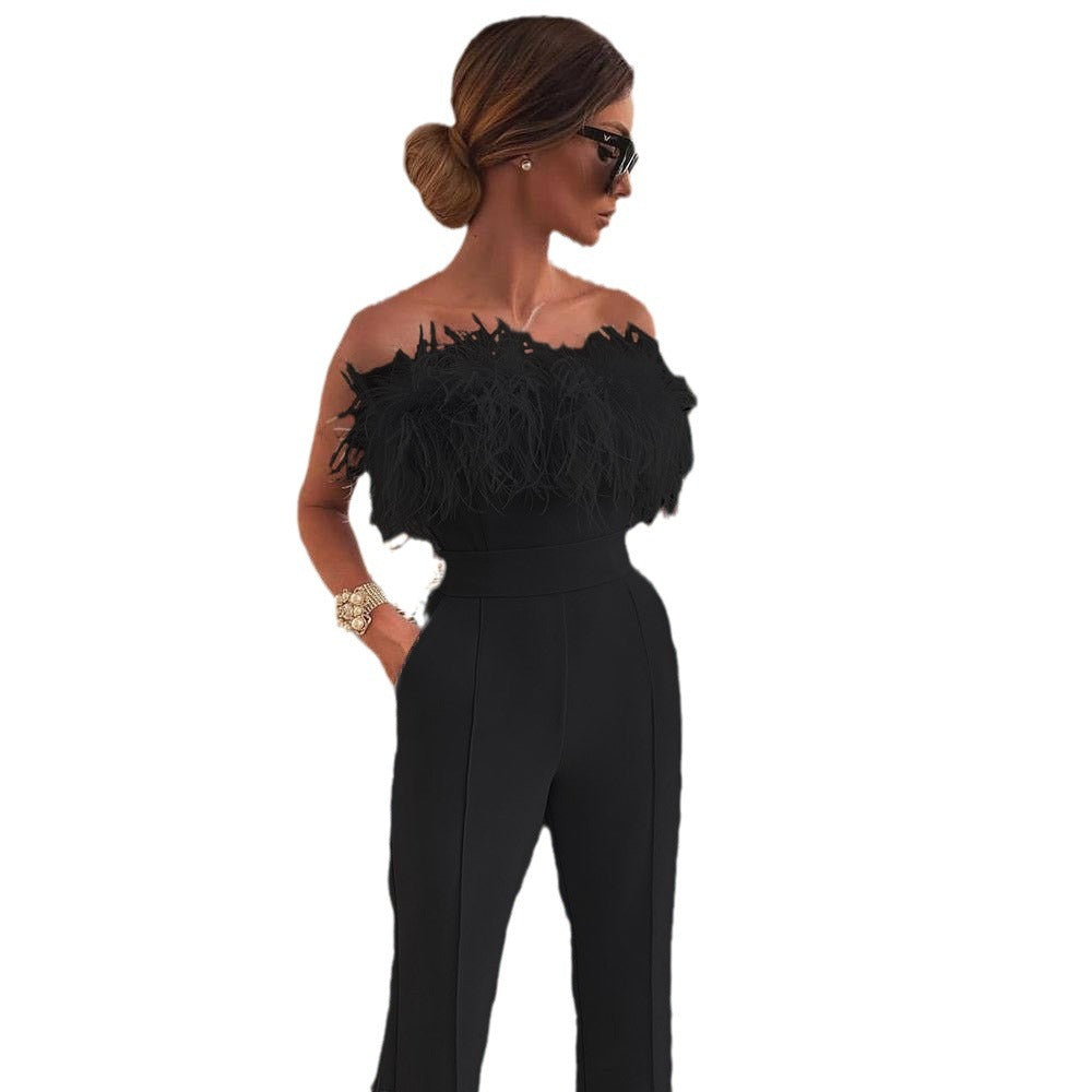 spring/summer new arrivals: european and american style women's feather bandeau color block pants one-shoulder backless sexy jumpsuit